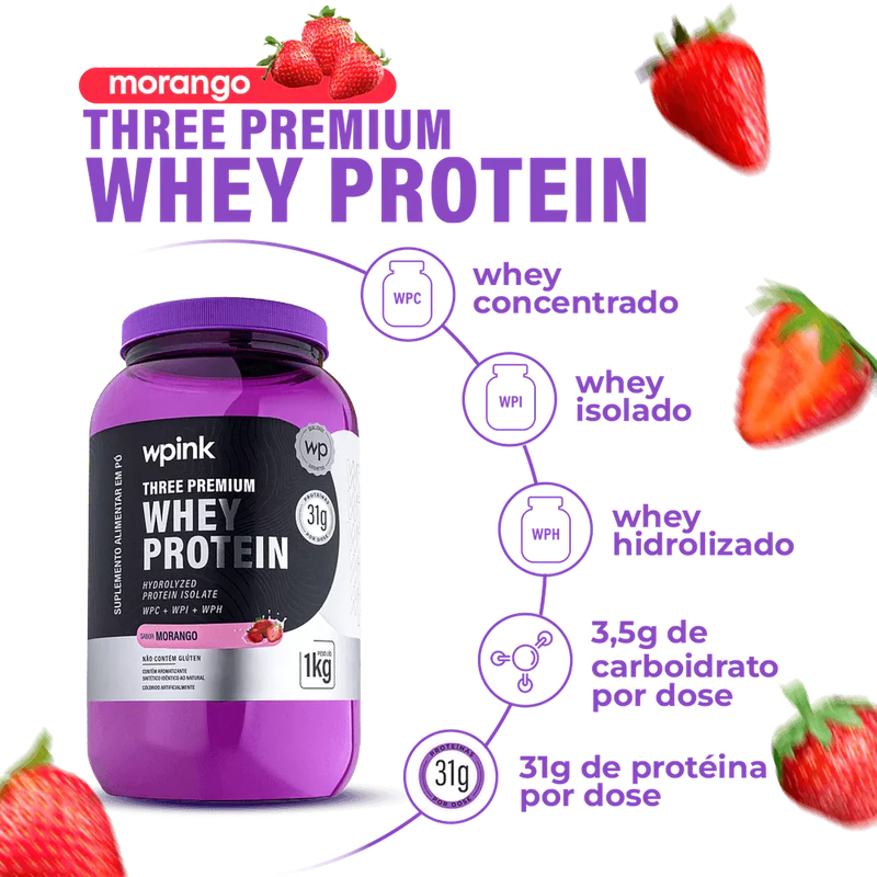 three premium whey protein morango 3w - (1kg) - wp - Imagem 2